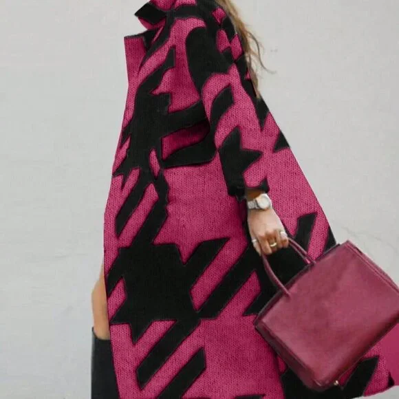 Hot Pink Casual Women's Colorblock Long Sleeve Knitted Cardigan - Picture 2 of 5